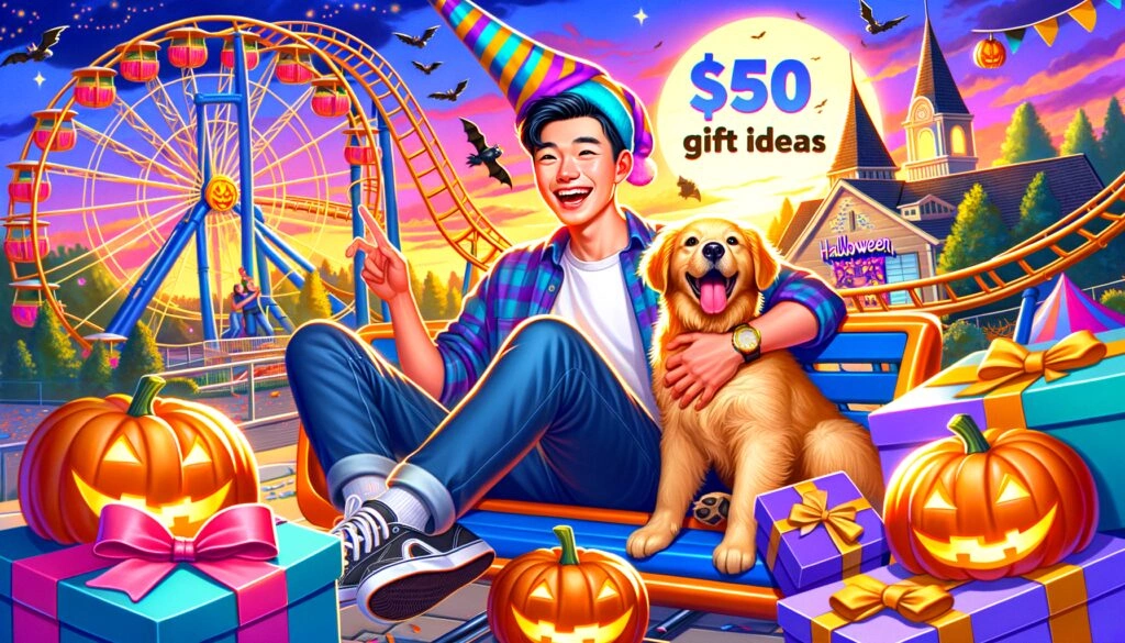 $50 gift ideas for a 20 year old Man who is my crush, and who likes theme parks, halloween, and dogs